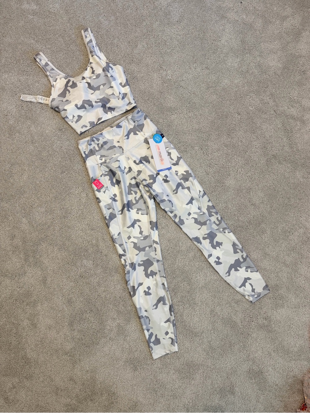 Marika Light Gray Camo High-Waist Leggings and Cropped Sports Bra Set